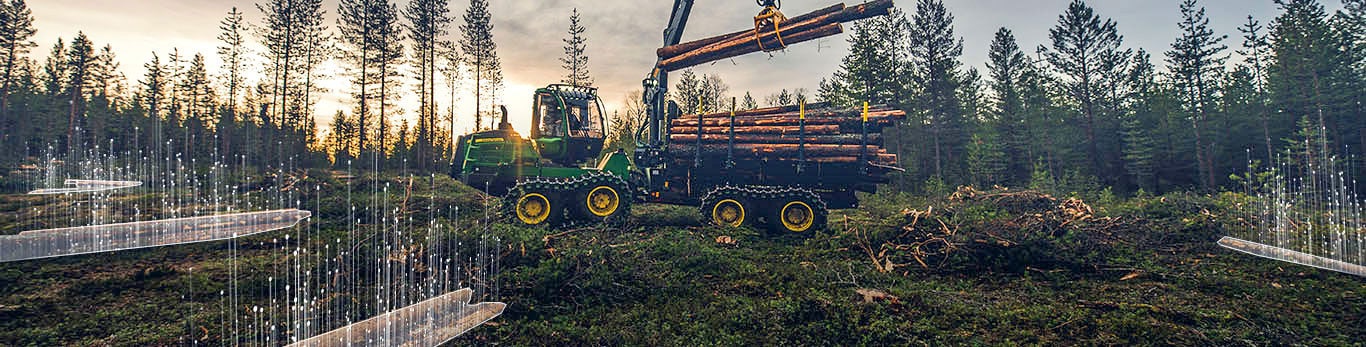 A John Deere Wheeled Forester loads logs in the forest with graphics indicating precision log placement. 