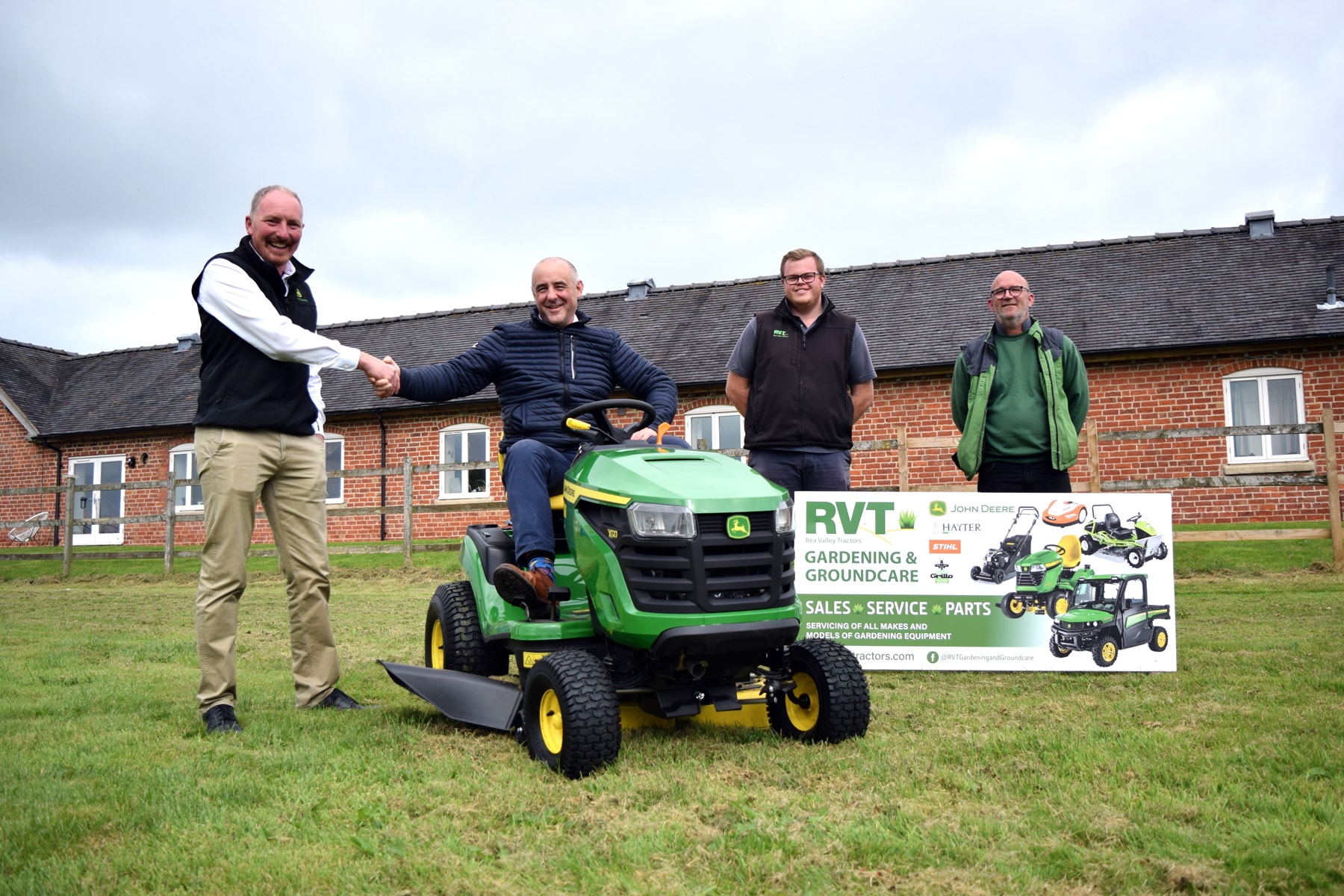 From left to right: Marcus Morris (John Deere Territory Manager), Jack Fairhead, Dan Brown (RVT Gardening & Groundcare Territory Sales), Paul Roberts (RVT Workshop Manager)